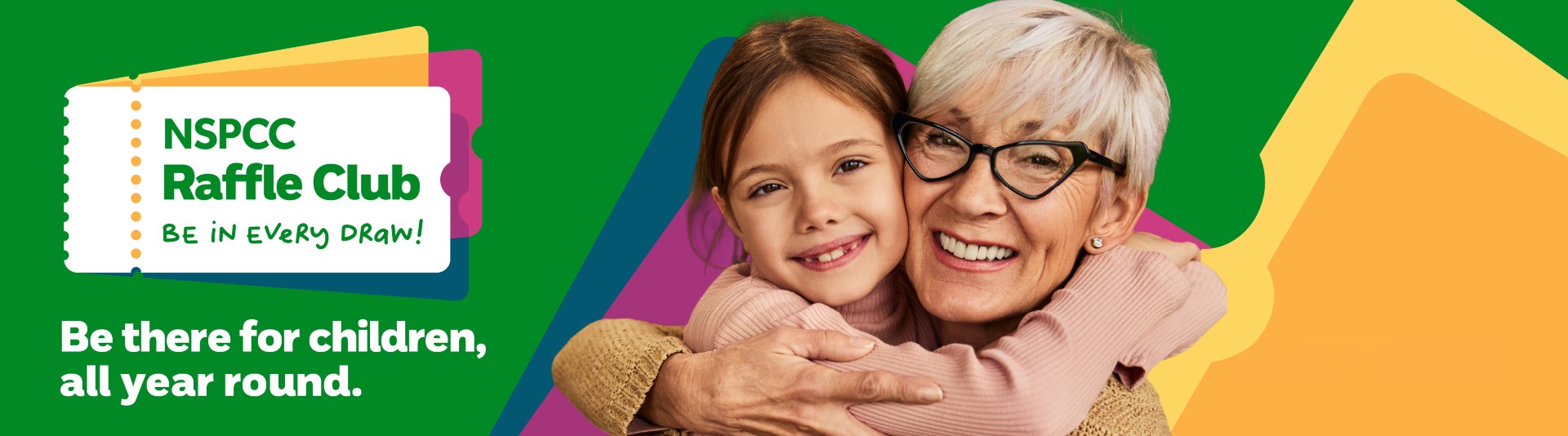 Raffle Club logo on the left with the words: Be there for children all year round. A woman is hugging a child who is smiling towards the camera.