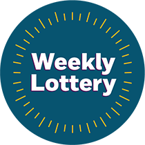 Dark turquoise circle with words 'Weekly Lottery' within it.